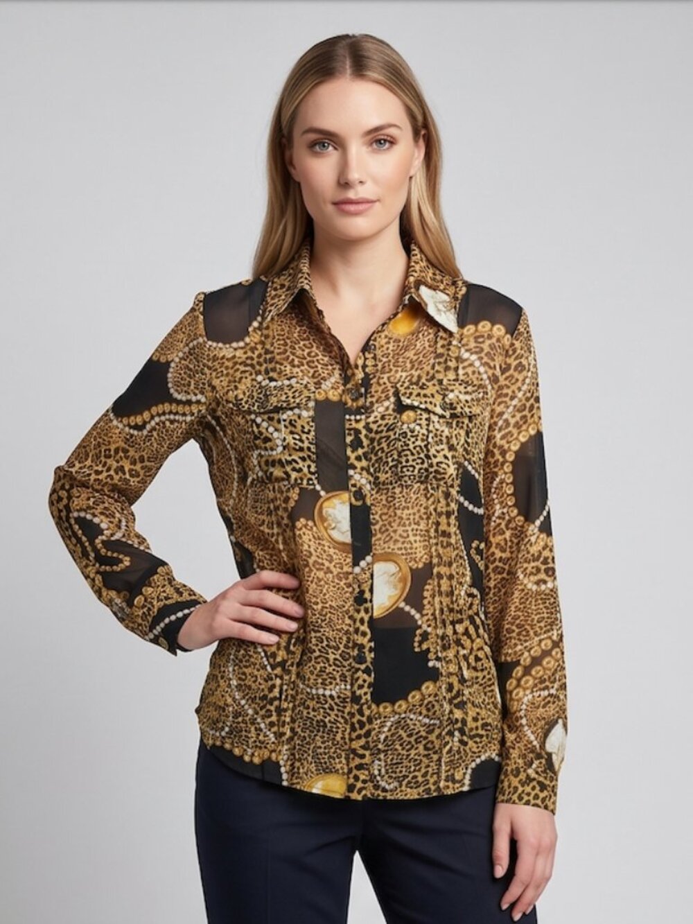 Baroque Chains & Leopard Print Sheer Button Front Blouse | Gold & Black